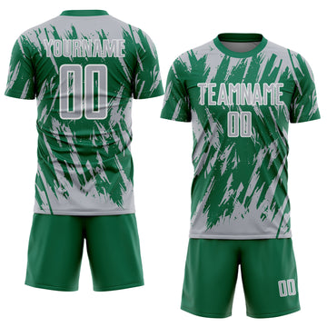 Custom Kelly Green Gray-White Splatter Torn Sharp Brush Stroke Sublimation Soccer Uniform Jersey