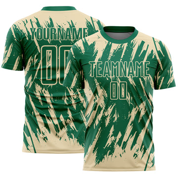 Custom Kelly Green-Cream Splatter Torn Sharp Brush Stroke Sublimation Soccer Uniform Jersey