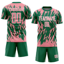 Load image into Gallery viewer, Custom Kelly Green Medium Pink-White Splatter Torn Sharp Brush Stroke Sublimation Soccer Uniform Jersey
