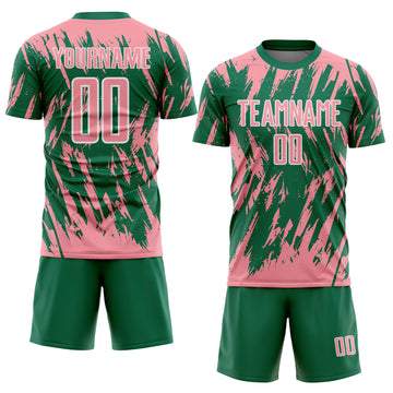 Custom Kelly Green Medium Pink-White Splatter Torn Sharp Brush Stroke Sublimation Soccer Uniform Jersey