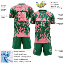 Load image into Gallery viewer, Custom Kelly Green Medium Pink-White Splatter Torn Sharp Brush Stroke Sublimation Soccer Uniform Jersey
