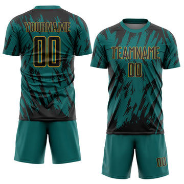 Custom Teal Black-Old Gold Splatter Torn Sharp Brush Stroke Sublimation Soccer Uniform Jersey
