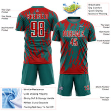 Загрузить изображение в средство просмотра галереи, Custom Teal Red-White Splatter Torn Sharp Brush Stroke Sublimation Soccer Uniform Jersey
