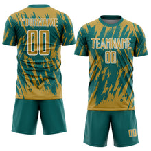 Load image into Gallery viewer, Custom Teal Old Gold-White Splatter Torn Sharp Brush Stroke Sublimation Soccer Uniform Jersey
