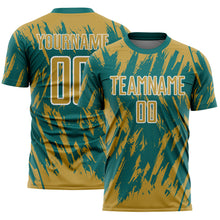 Load image into Gallery viewer, Custom Teal Old Gold-White Splatter Torn Sharp Brush Stroke Sublimation Soccer Uniform Jersey
