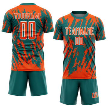 Custom Teal Orange-White Splatter Torn Sharp Brush Stroke Sublimation Soccer Uniform Jersey