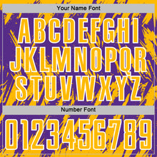 Load image into Gallery viewer, Custom Purple Gold-White Splatter Torn Sharp Brush Stroke Sublimation Soccer Uniform Jersey
