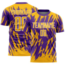 Load image into Gallery viewer, Custom Purple Gold-White Splatter Torn Sharp Brush Stroke Sublimation Soccer Uniform Jersey
