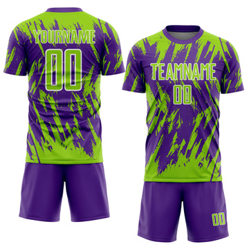 Custom Purple Neon Green-White Splatter Torn Sharp Brush Stroke Sublimation Soccer Uniform Jersey