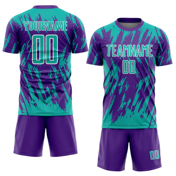 Custom Purple Aqua-White Splatter Torn Sharp Brush Stroke Sublimation Soccer Uniform Jersey