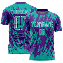Charger l'image dans la galerie, Custom Purple Aqua-White Splatter Torn Sharp Brush Stroke Sublimation Soccer Uniform Jersey
