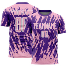 Charger l'image dans la galerie, Custom Purple Light Pink-White Splatter Torn Sharp Brush Stroke Sublimation Soccer Uniform Jersey

