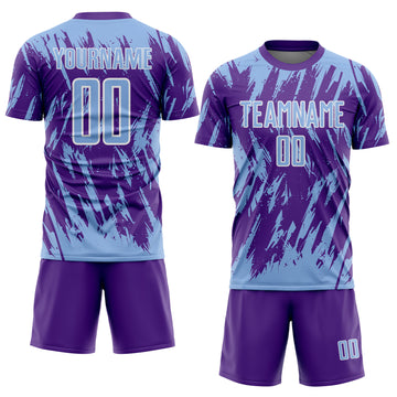 Custom Purple Light Blue-White Splatter Torn Sharp Brush Stroke Sublimation Soccer Uniform Jersey