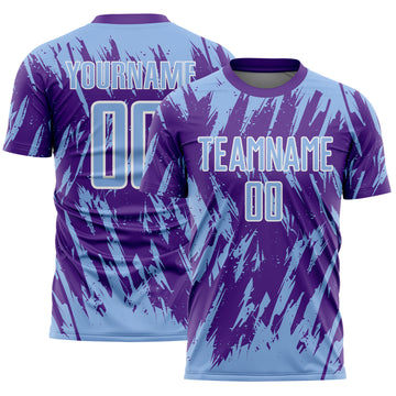 Custom Purple Light Blue-White Splatter Torn Sharp Brush Stroke Sublimation Soccer Uniform Jersey
