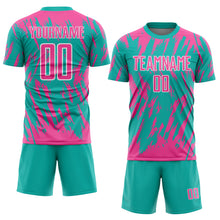 Загрузить изображение в средство просмотра галереи, Custom Aqua Pink-White Splatter Torn Sharp Brush Stroke Sublimation Soccer Uniform Jersey
