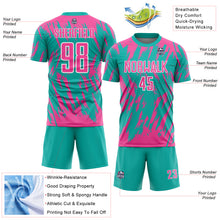 Загрузить изображение в средство просмотра галереи, Custom Aqua Pink-White Splatter Torn Sharp Brush Stroke Sublimation Soccer Uniform Jersey
