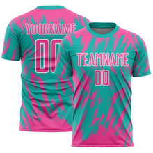 Загрузить изображение в средство просмотра галереи, Custom Aqua Pink-White Splatter Torn Sharp Brush Stroke Sublimation Soccer Uniform Jersey
