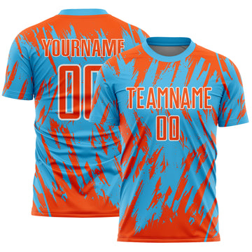 Custom Sky Blue Orange-White Splatter Torn Sharp Brush Stroke Sublimation Soccer Uniform Jersey