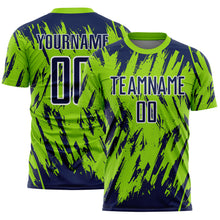 Загрузить изображение в средство просмотра галереи, Custom Neon Green Navy-White Splatter Torn Sharp Brush Stroke Sublimation Soccer Uniform Jersey
