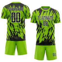 Laden Sie das Bild in den Galerie-Viewer, Custom Neon Green Black-White Splatter Torn Sharp Brush Stroke Sublimation Soccer Uniform Jersey
