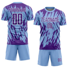 Загрузить изображение в средство просмотра галереи, Custom Light Blue Purple-White Splatter Torn Sharp Brush Stroke Sublimation Soccer Uniform Jersey

