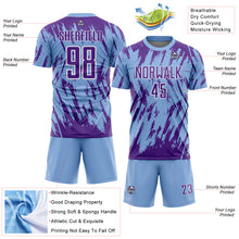 Загрузить изображение в средство просмотра галереи, Custom Light Blue Purple-White Splatter Torn Sharp Brush Stroke Sublimation Soccer Uniform Jersey
