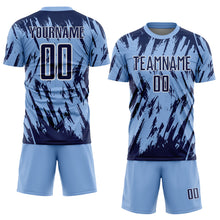 Загрузить изображение в средство просмотра галереи, Custom Light Blue Navy-White Splatter Torn Sharp Brush Stroke Sublimation Soccer Uniform Jersey
