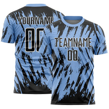 Laden Sie das Bild in den Galerie-Viewer, Custom Light Blue Black-White Splatter Torn Sharp Brush Stroke Sublimation Soccer Uniform Jersey

