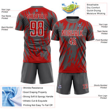 Laden Sie das Bild in den Galerie-Viewer, Custom Steel Gray Red-White Splatter Torn Sharp Brush Stroke Sublimation Soccer Uniform Jersey
