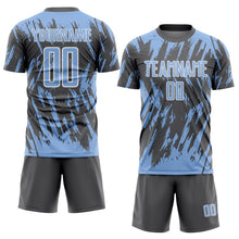 Load image into Gallery viewer, Custom Steel Gray Light Blue-White Splatter Torn Sharp Brush Stroke Sublimation Soccer Uniform Jersey

