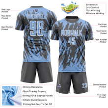 Load image into Gallery viewer, Custom Steel Gray Light Blue-White Splatter Torn Sharp Brush Stroke Sublimation Soccer Uniform Jersey
