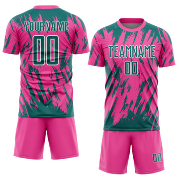 Custom Pink Teal-White Splatter Torn Sharp Brush Stroke Sublimation Soccer Uniform Jersey