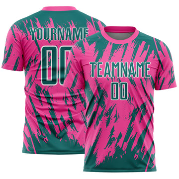 Custom Pink Teal-White Splatter Torn Sharp Brush Stroke Sublimation Soccer Uniform Jersey