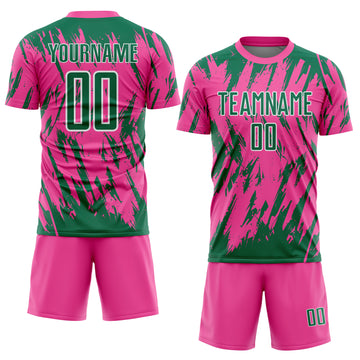 Custom Pink Kelly Green-White Splatter Torn Sharp Brush Stroke Sublimation Soccer Uniform Jersey