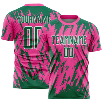 Custom Pink Kelly Green-White Splatter Torn Sharp Brush Stroke Sublimation Soccer Uniform Jersey