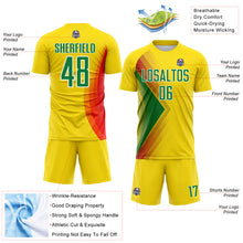 Charger l'image dans la galerie, Custom Light Yellow Kelly Green Red-White Brasil Abstract Geometric Sublimation Soccer Uniform Jersey
