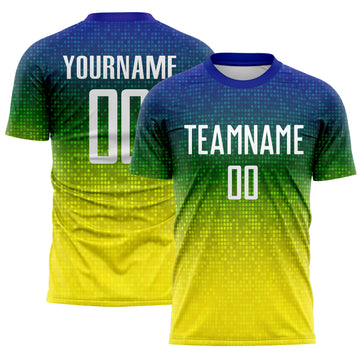 Custom Blue White Green-Light Yellow Brasil Gradient Dot Sublimation Soccer Uniform Jersey