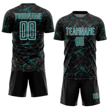 Laden Sie das Bild in den Galerie-Viewer, Custom Black Teal-White Abstract Network Crackle Sublimation Soccer Uniform Jersey
