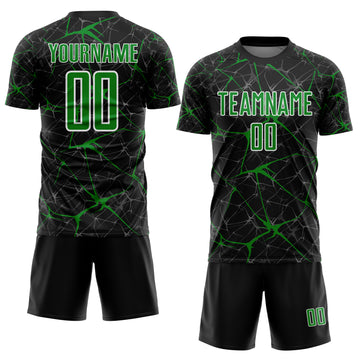 Custom Black Grass Green-White Abstract Network Crackle Sublimation Soccer Uniform Jersey