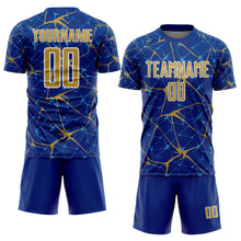 Laden Sie das Bild in den Galerie-Viewer, Custom Royal Old Gold-White Abstract Network Crackle Sublimation Soccer Uniform Jersey

