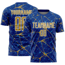 Laden Sie das Bild in den Galerie-Viewer, Custom Royal Old Gold-White Abstract Network Crackle Sublimation Soccer Uniform Jersey
