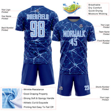 Laden Sie das Bild in den Galerie-Viewer, Custom Royal Light Blue-White Abstract Network Crackle Sublimation Soccer Uniform Jersey

