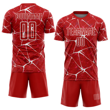 Custom Red-White Abstract Network Crackle Sublimation Soccer Uniform Jersey