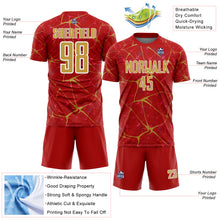 Load image into Gallery viewer, Custom Red Old Gold-White Abstract Network Crackle Sublimation Soccer Uniform Jersey
