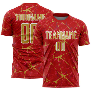 Custom Red Old Gold-White Abstract Network Crackle Sublimation Soccer Uniform Jersey