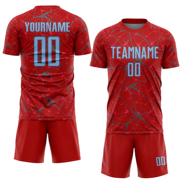 Custom Red Light Blue-Steel Gray Abstract Network Crackle Sublimation Soccer Uniform Jersey