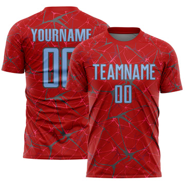Custom Red Light Blue-Steel Gray Abstract Network Crackle Sublimation Soccer Uniform Jersey