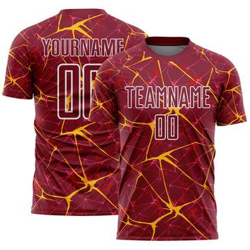 Custom Crimson Gold-White Abstract Network Crackle Sublimation Soccer Uniform Jersey