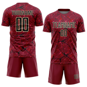 Custom Crimson Black-Cream Abstract Network Crackle Sublimation Soccer Uniform Jersey