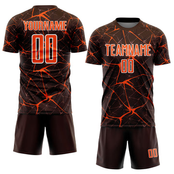 Custom Brown Orange-White Abstract Network Crackle Sublimation Soccer Uniform Jersey
